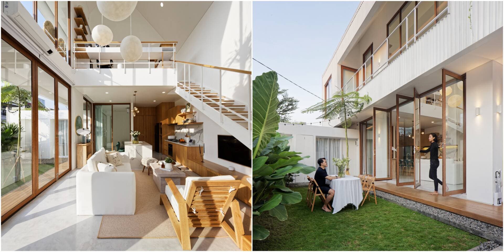 Nhà phố 142m2 thiết kế mở với sân vườn và khoảng thông tầng để lấy sáng và làm mát