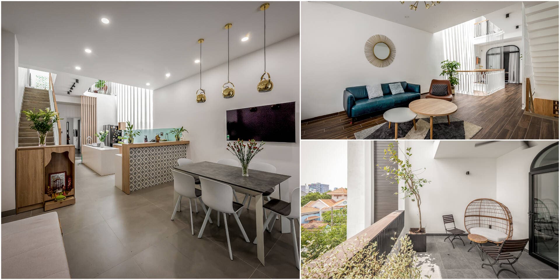 Nhà 90m2 của gia đình 3 thế hệ, thiết kế 2 giếng trời và cầu thang 1 vế hợp lý để đưa nắng gió vào nhà