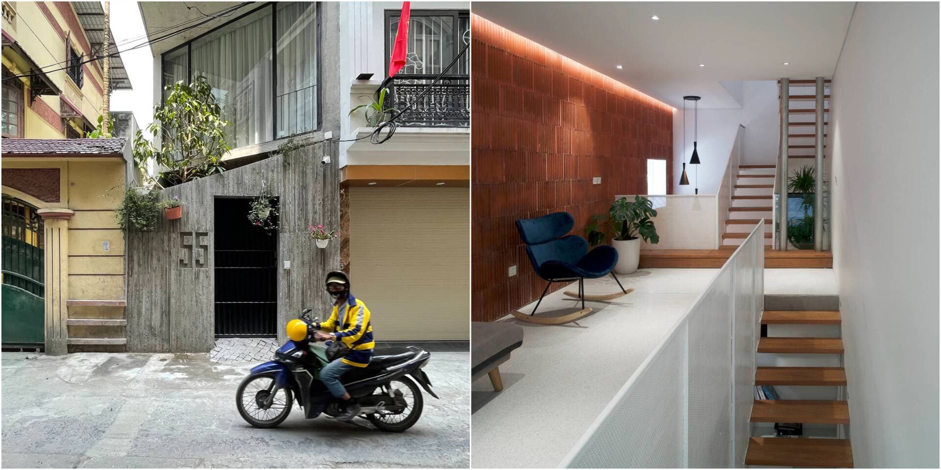 Nhà 30m2 tránh nóng hướng Tây bằng thiết kế mặt tiền kết hợp bê tông và thép