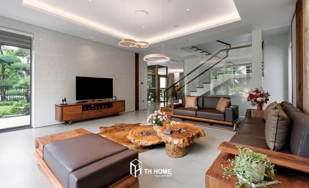 Thiết kế nội thất biệt thự hiện đại với gỗ óc chó cao cấp