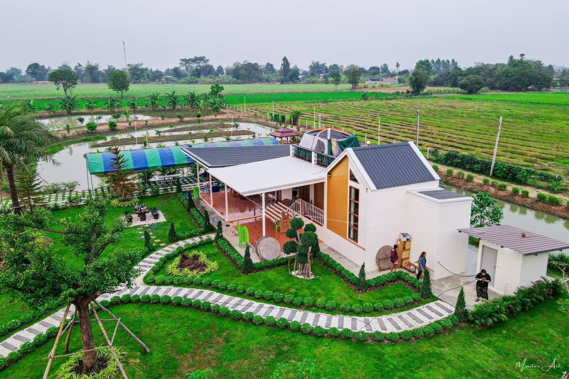 Nhà 1 tầng nằm giữa cánh đồng, có cả chỗ cắm trại trên sân thượng