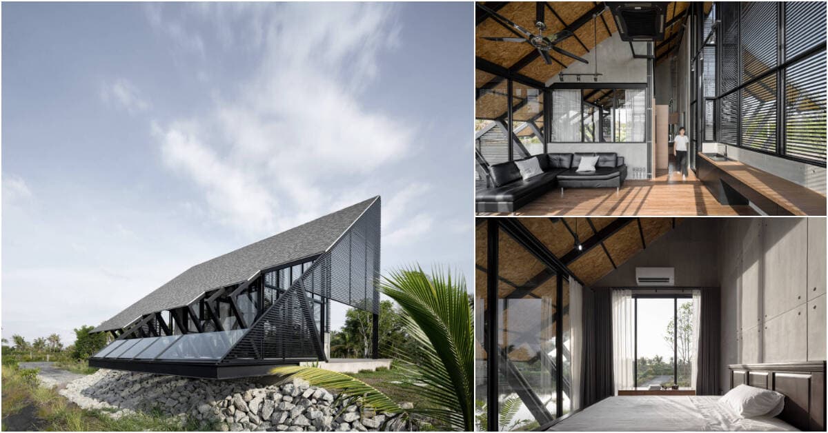 Nhà 1 tầng 90m2 thiết kế mái nghiêng sáng tạo, mang đến không gian sống thoáng đãng, trong lành bên hồ
