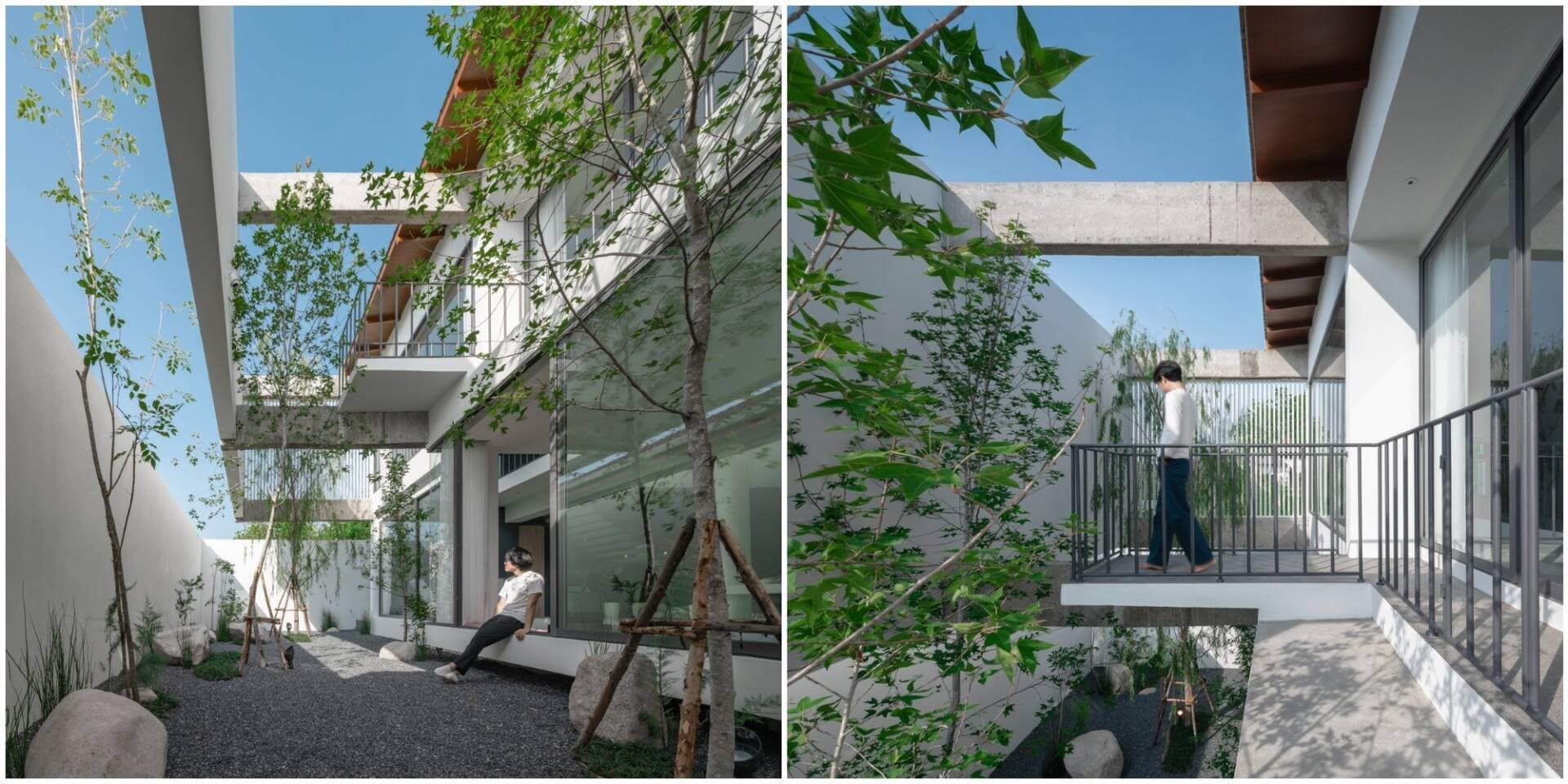 Không ngờ sau bức tường thô cứng là cả một không gian mở linh hoạt của gia chủ sống khép kín