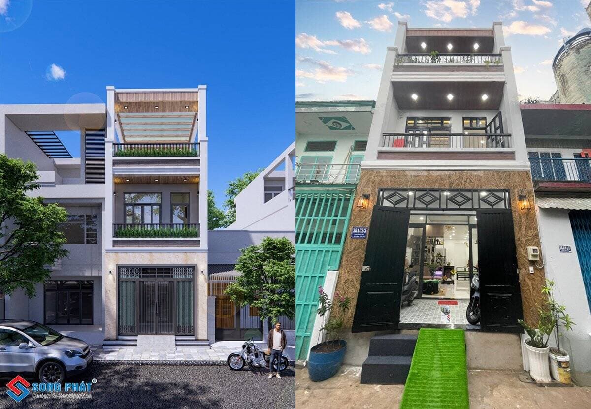 Ảnh thực tế trước và sau hoàn thiện mẫu nhà 4m3x14m cho gia đình 3 thế hệ