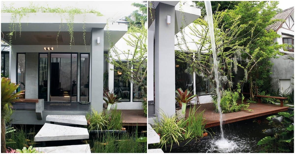 Nhà 1 tầng được bao quanh bởi vườn cây và thác nước nhân tạo, không gian xanh giữa lòng thành phố bụi bặm