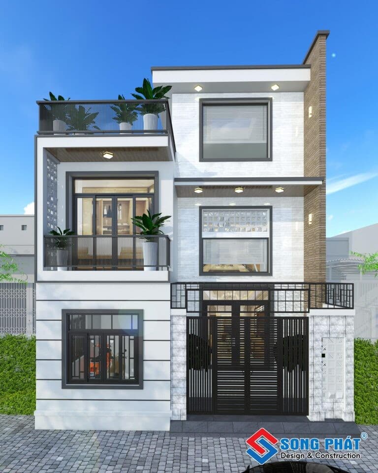 Nhà 2 tầng sân thượng 8x11m tone nền trắng hiện đại cho gia đình