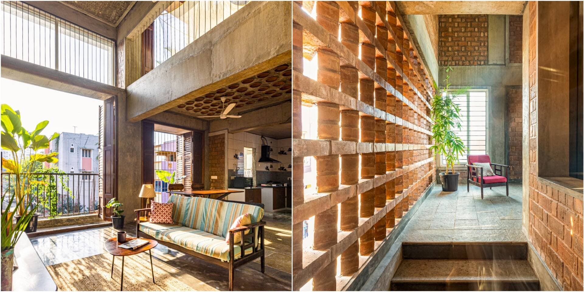 Xếp gạch so le ở mặt tiền, Agam House có “phễu” thu sáng và kéo gió hiệu quả dù nằm giữa phố chợ đông đúc