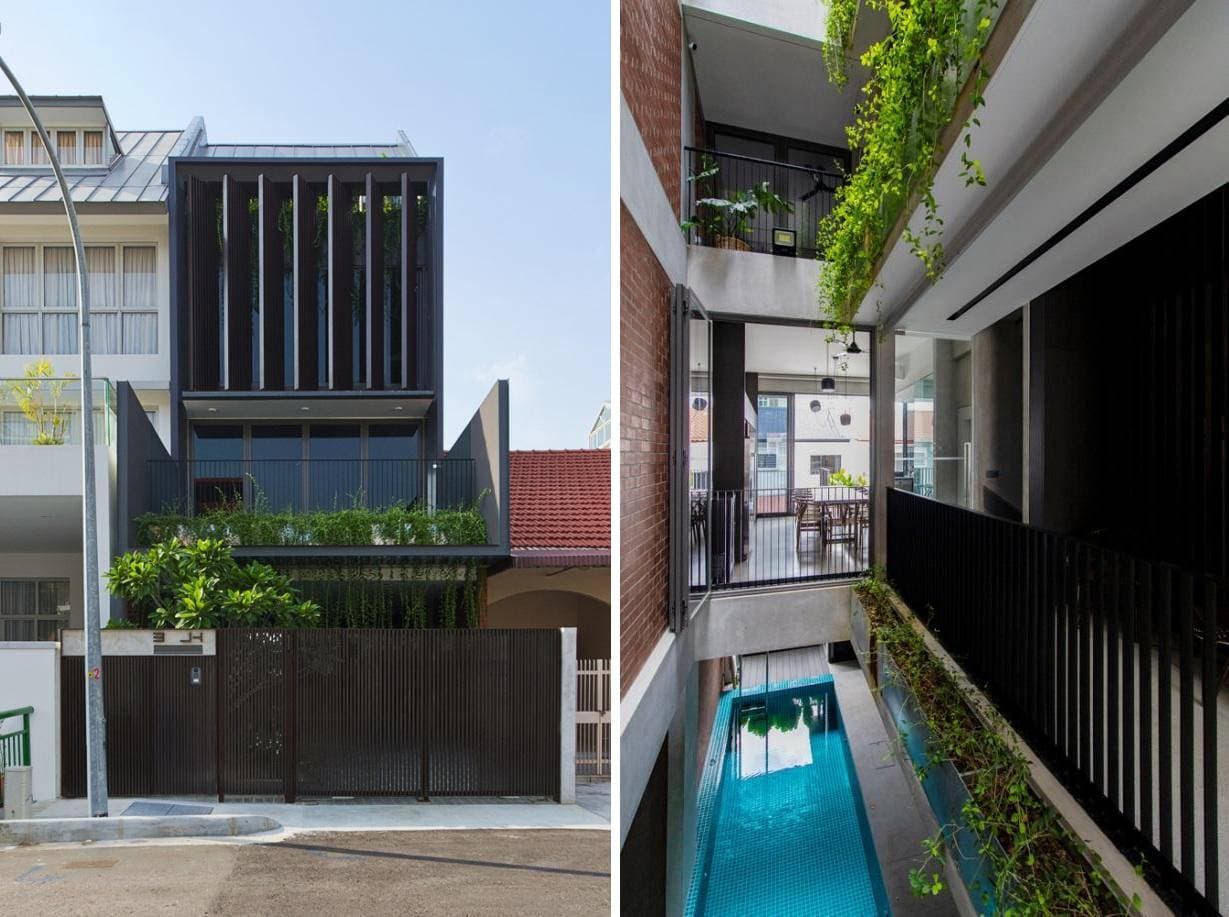 Trái ngược lại với vẻ “u tối” bên ngoài, không gian bên trong House at Hong Road thoáng sáng và tươi mát với thiết kế bể bơi chạy dọc ngôi nhà