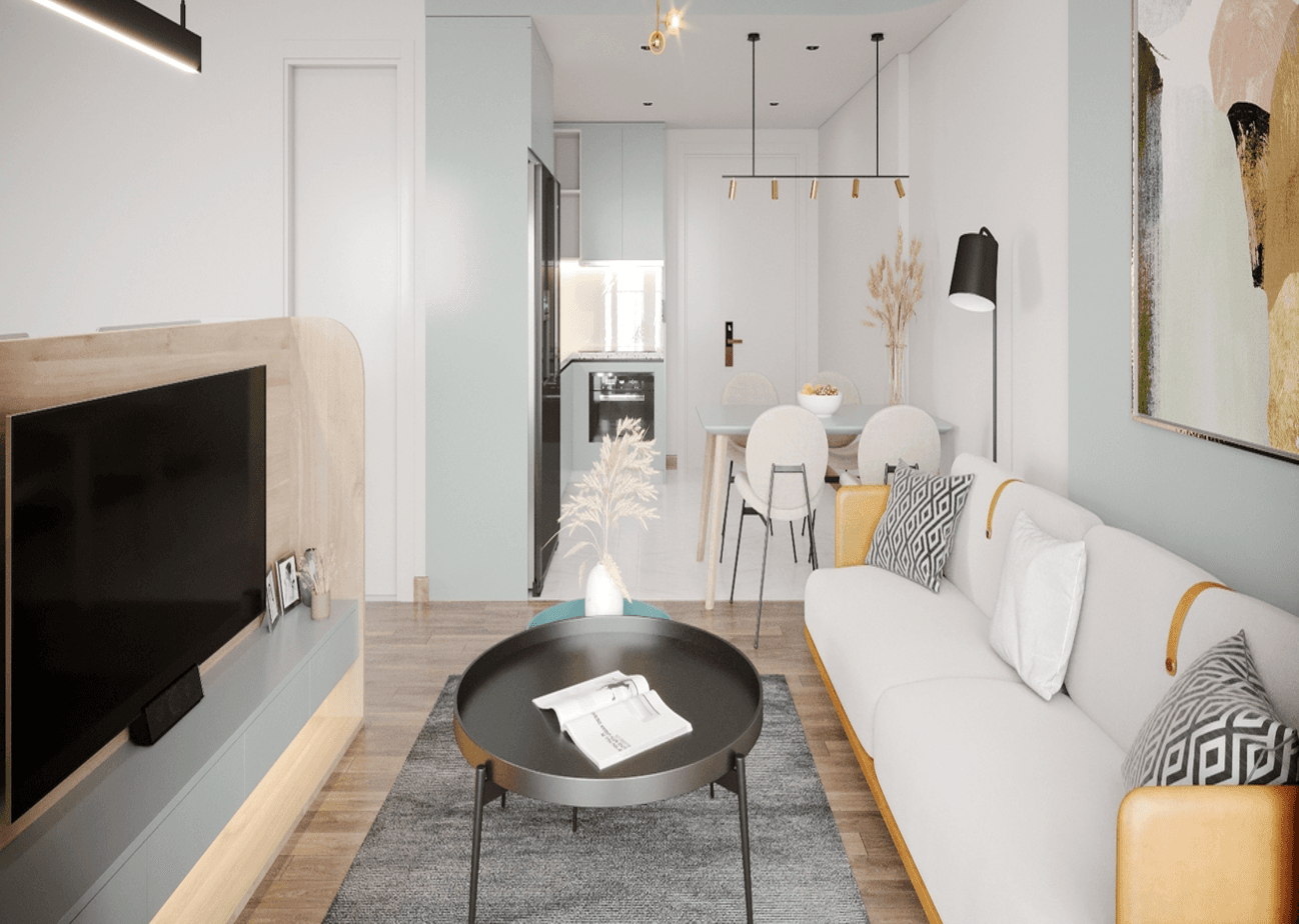 Căn hộ nhỏ 50m2 nhưng rất tiện nghi và thoải mái với nội thất thông minh tone xanh pastel