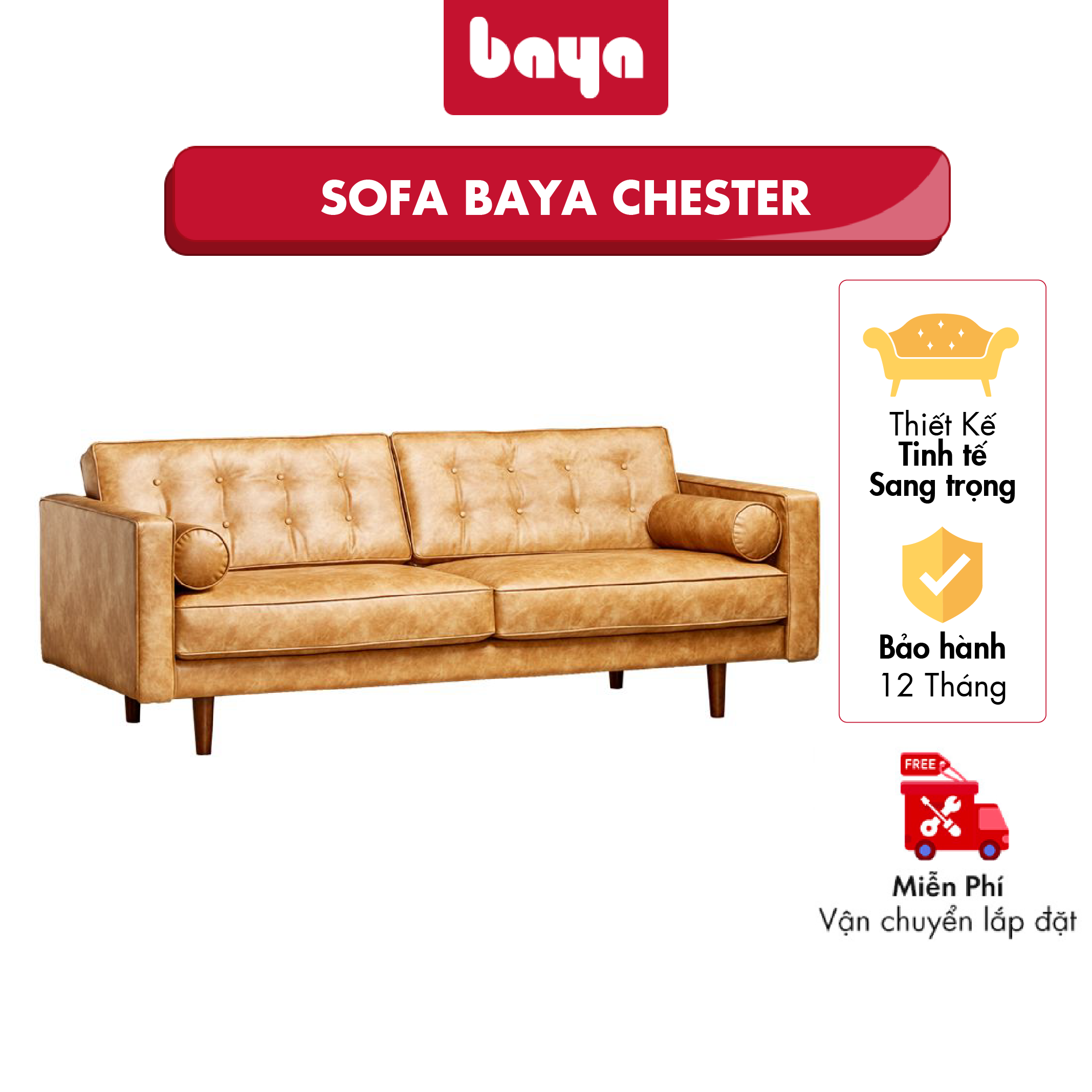 Sofa BAYA CHESTER 5298 Gỗ Thông Vải Giả Da Màu Nâu Kích Thước L203xW93xH80