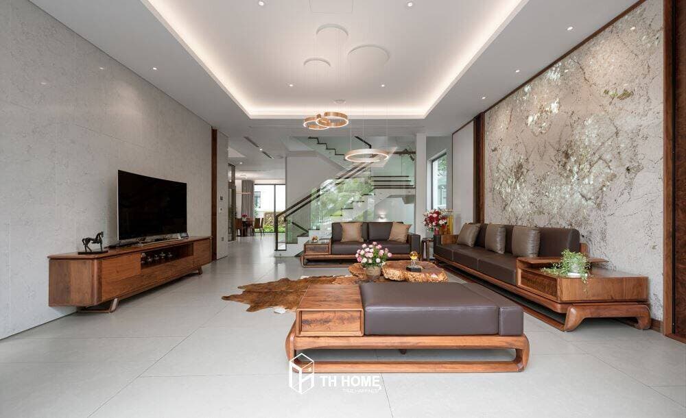 Cách bố trí nội thất phòng khách gỗ óc chó đẹp, sang trọng