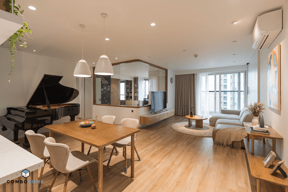 Cải tạo căn hộ 110m² tại Hà Đông với bếp mở, kính cong và cửa lùa giúp gia đình 4 người gắn kết hơn