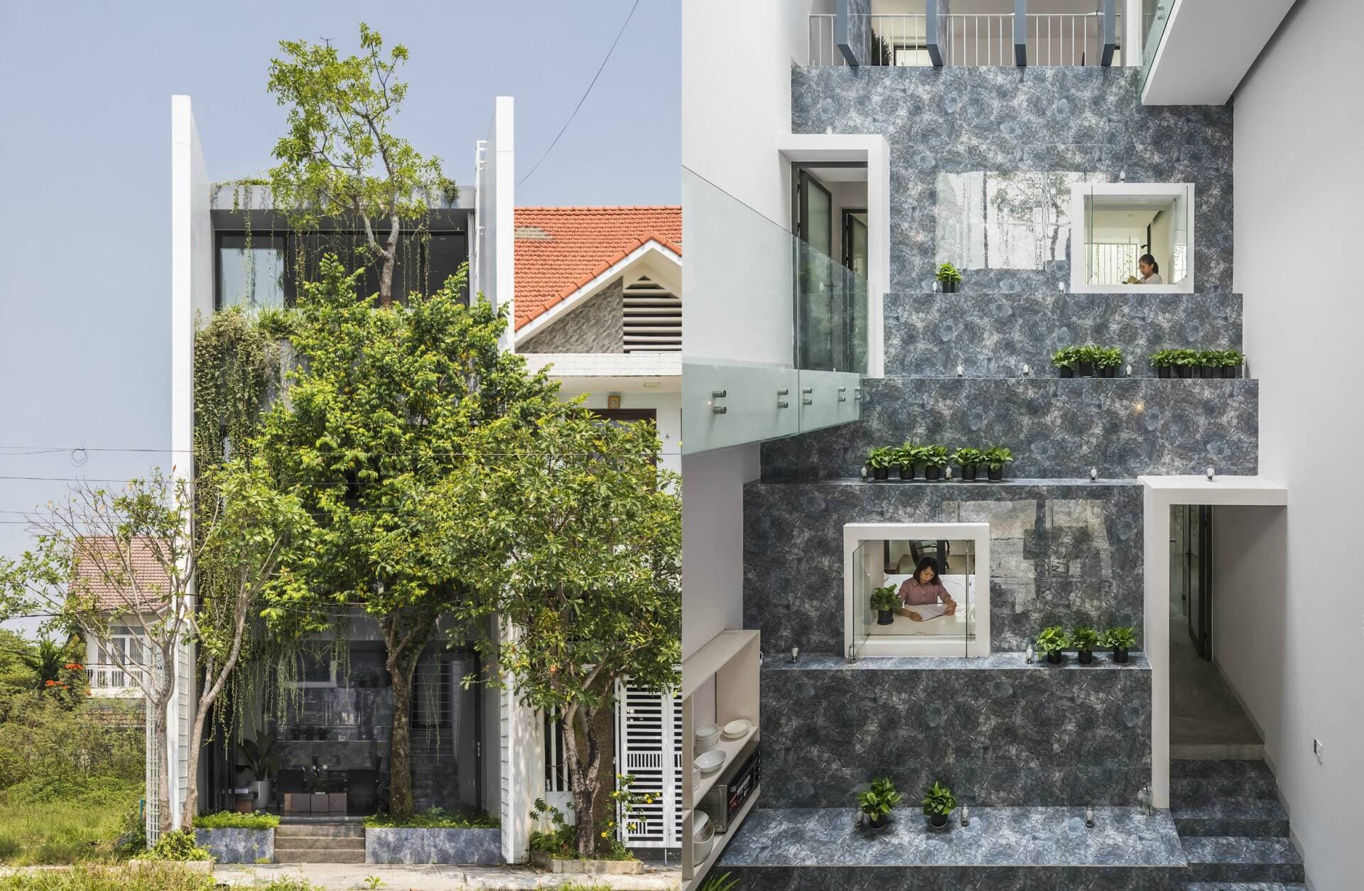 Nhà phố 5x20 hiện đại mang tinh thần truyền thống với khoảng đệm thông gió giữa nhà đầy độc đáo