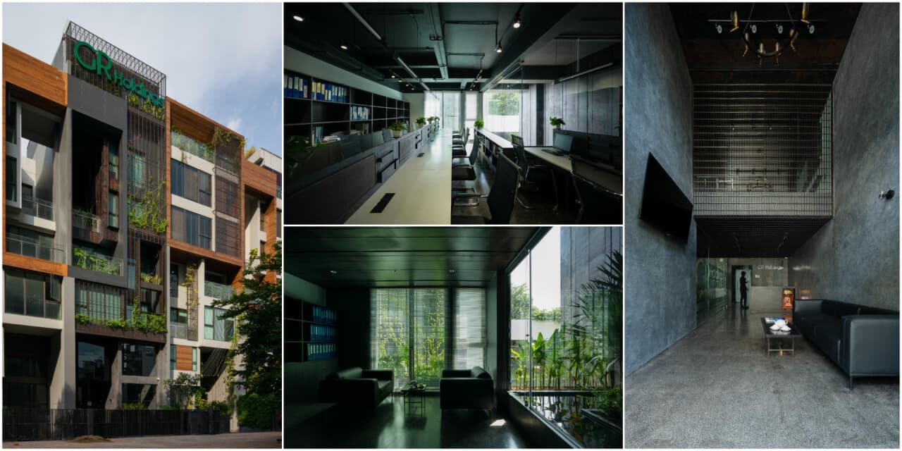 Văn phòng GR Holdings gây ấn tượng mạnh với tông màu đen chủ đạo và cách phối hợp vật liệu, ánh sáng, cây xanh độc đáo