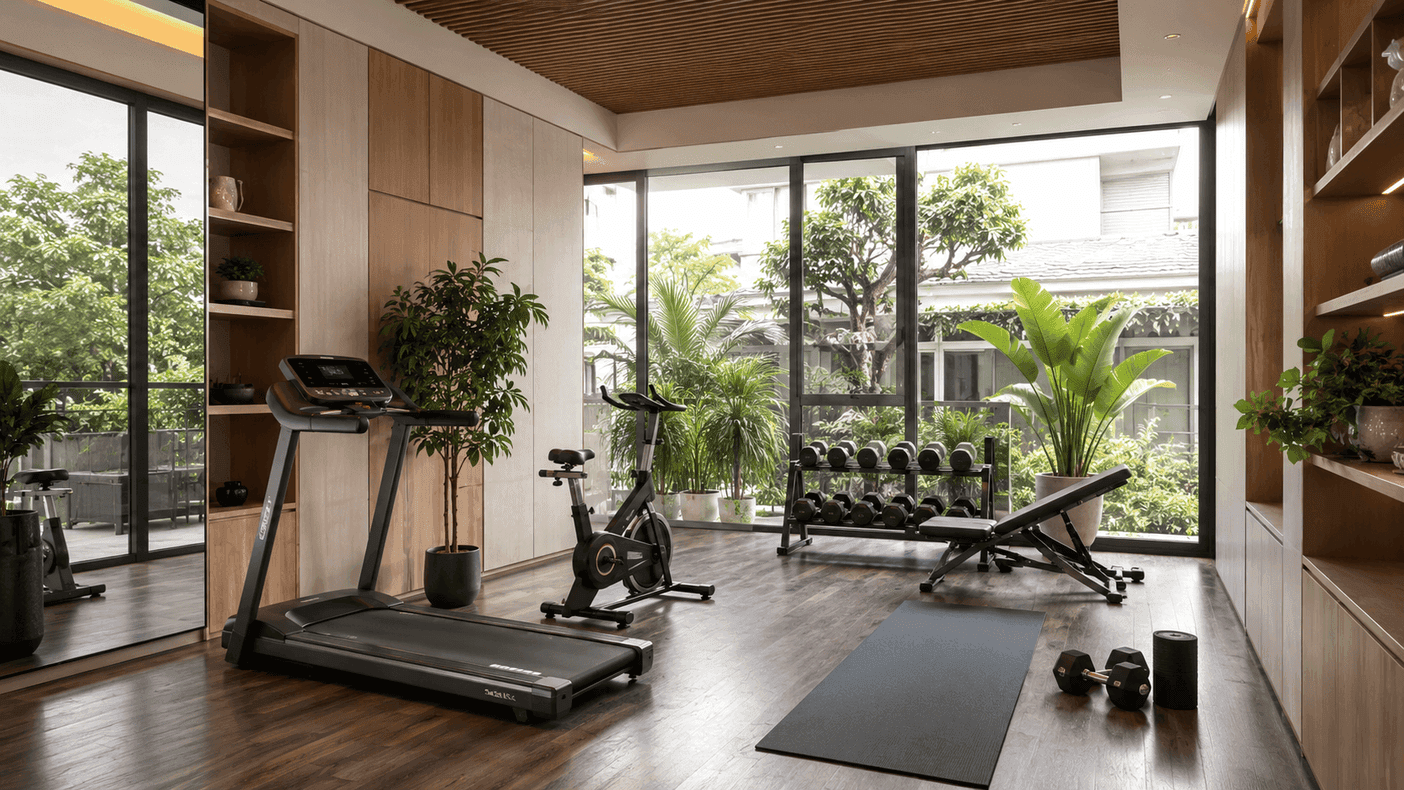 Phòng gym tại nhà kết hợp phục hồi xu hướng sống khỏe trong nhà hiện đại