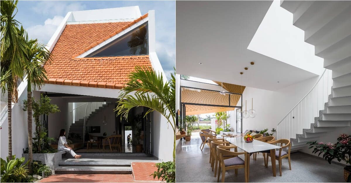 Nhà ở quê thiết kế vừa truyền thống vừa hiện đại, kết nối nhà chính và hàng hiên bằng mái dốc ngói đỏ