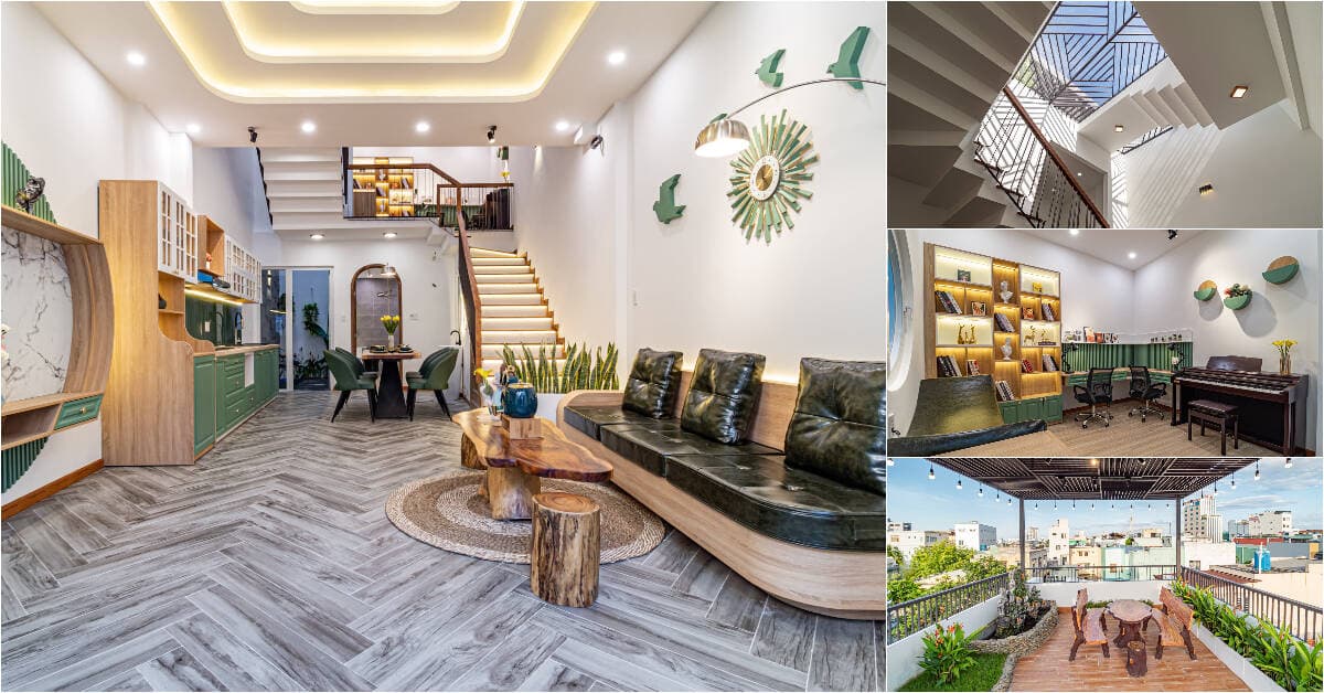 Nhà trong hẻm 3 giếng trời, thiết kế nội thất màu xanh lá hợp mệnh mộc và hoả của gia chủ