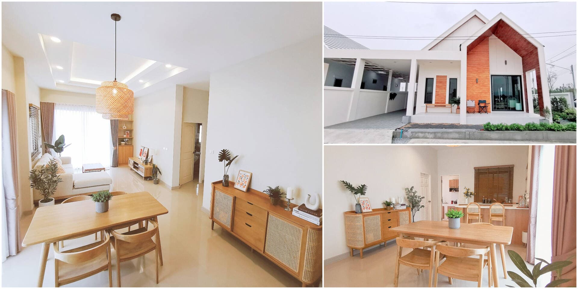 Nhà 1 tầng tối giản của cặp vợ chồng trẻ, nổi bật với mái khung chữ A và gara để xe bên hông nhà