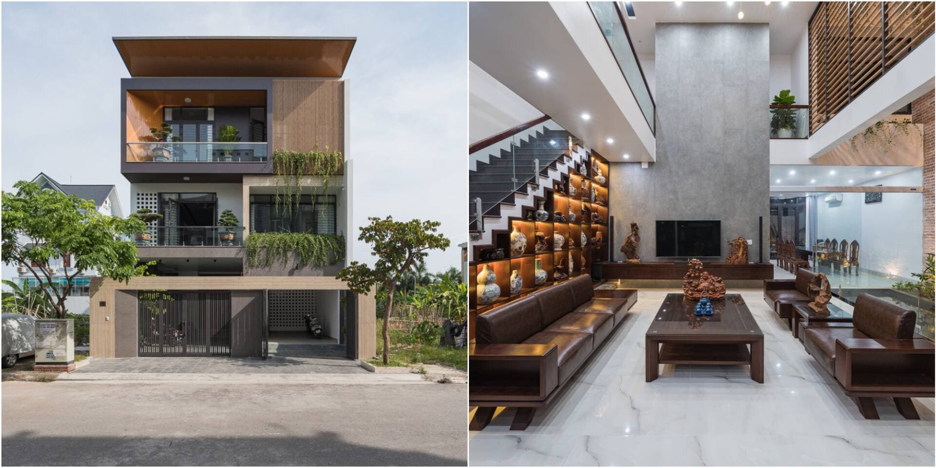 Ấn tượng phòng khách của Peo House: bộ sofa bằng gỗ gõ, thông tầng và giếng trời cỡ đại