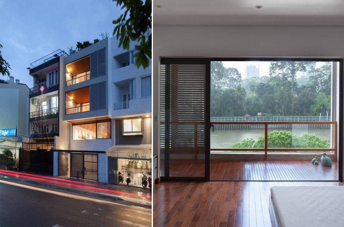 Giải pháp sử dụng hệ cửa lá sách hợp kim ở mặt tiền đã tạo nên Thị Nghè House thoáng đãng và tránh được nắng hướng Tây