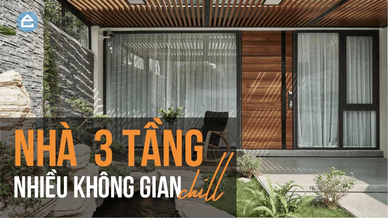 Nhà ống 5x20 thiết kế 3 tầng hiện đại, có 2 khoảng cây xanh giữa và sau nhà
