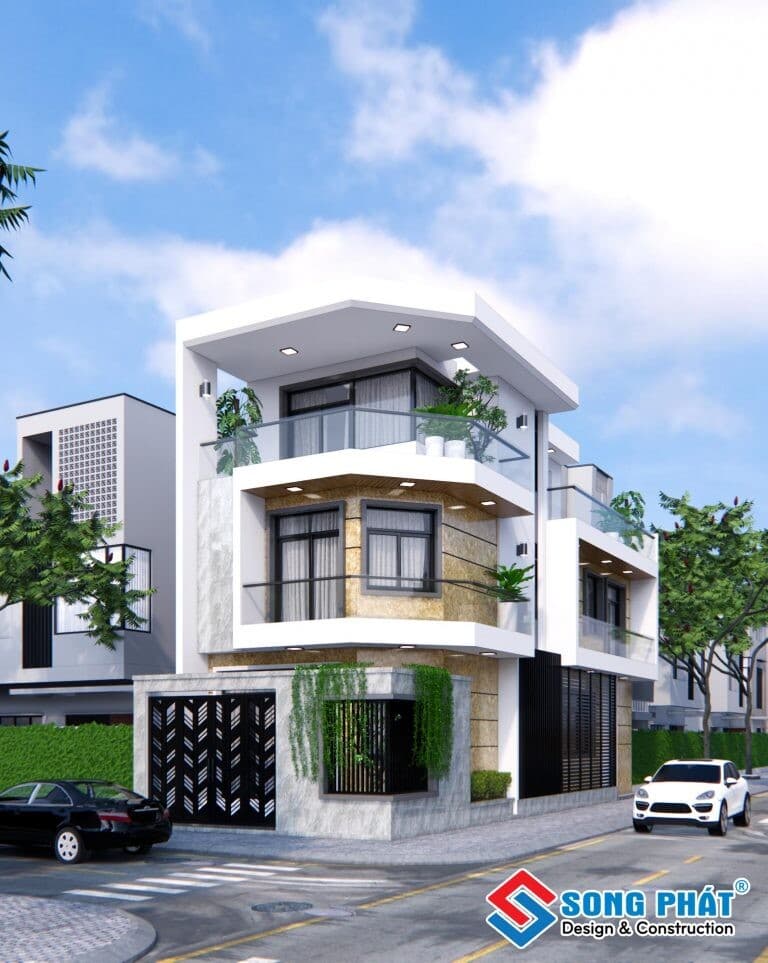 Thiết kế nhà 3 tầng 5m5x15m vát góc 2 mặt tiền siêu hiện đại