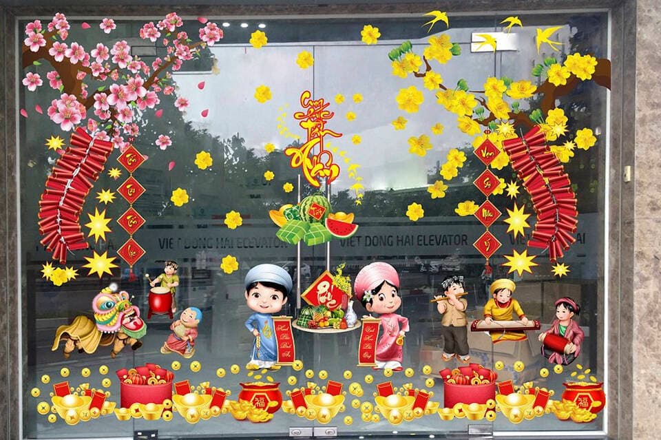 11+ ý tưởng trang trí cửa kính đón Tết 2026 đẹp mắt thu hút và dễ áp dụng